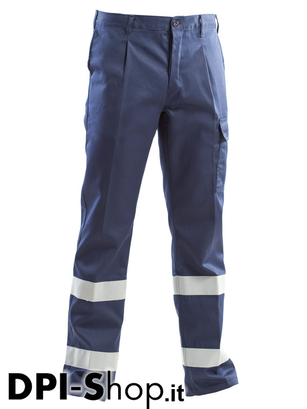 PANTALONE IGNIFUGO QUADRIVALENTE CON BANDE RIFRANGENTI BLU